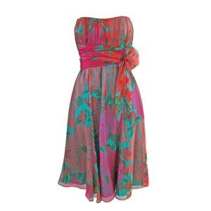 NANETTE LEPORE PINK GREEN STRAPLESS SILK MIDI DRESS SIZE US 4